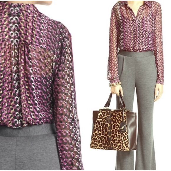 DIANE VON FURSTENBERG Silk Blend Geometric Print Roll Tab Sleeve Blouse, Sz 8 - Picture 1 of 9